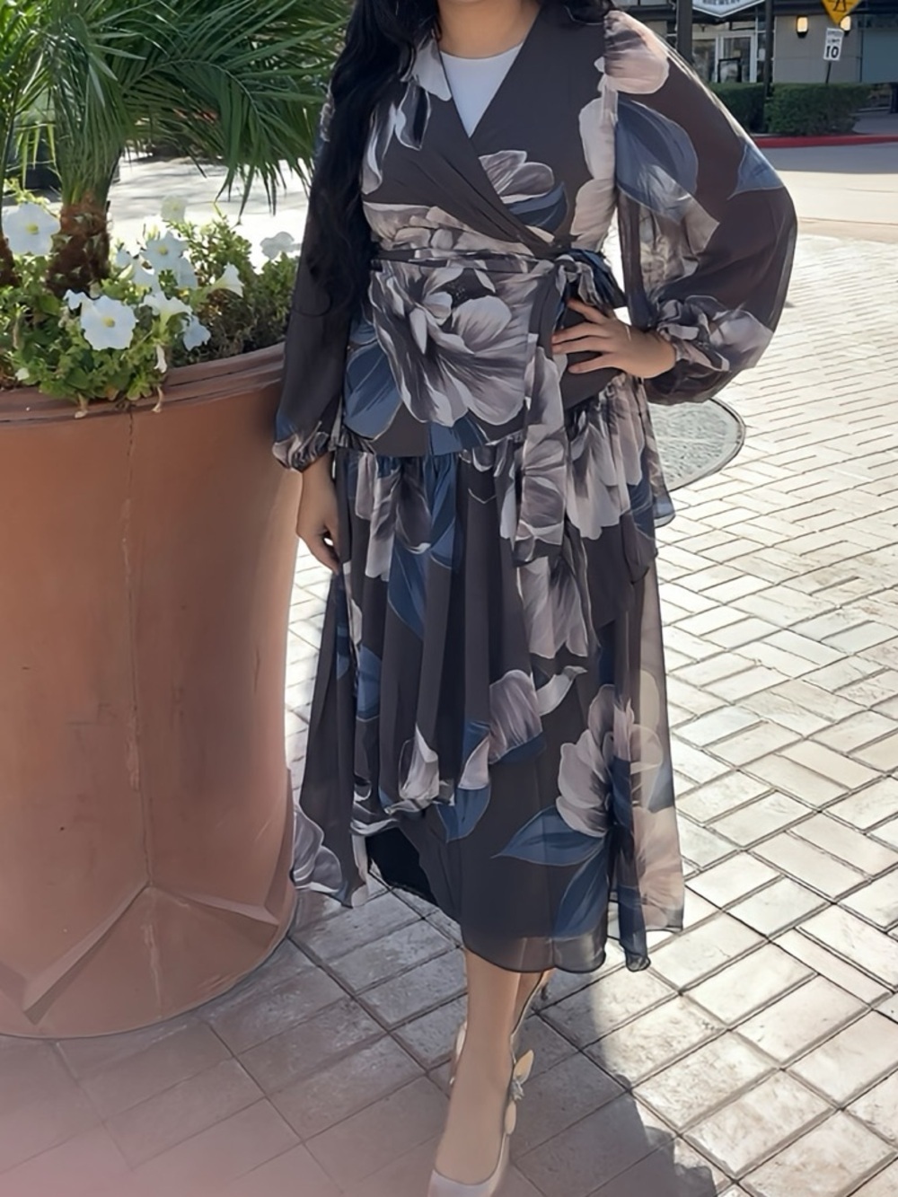 Elegant Charcoal Long Sleeve Floral Maxi Dress